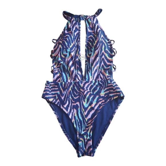 XOXO Womens High Neck Deep Plunge Multicolored Zebra Swimsuit Size Medium NWT - Picture 3 of 9